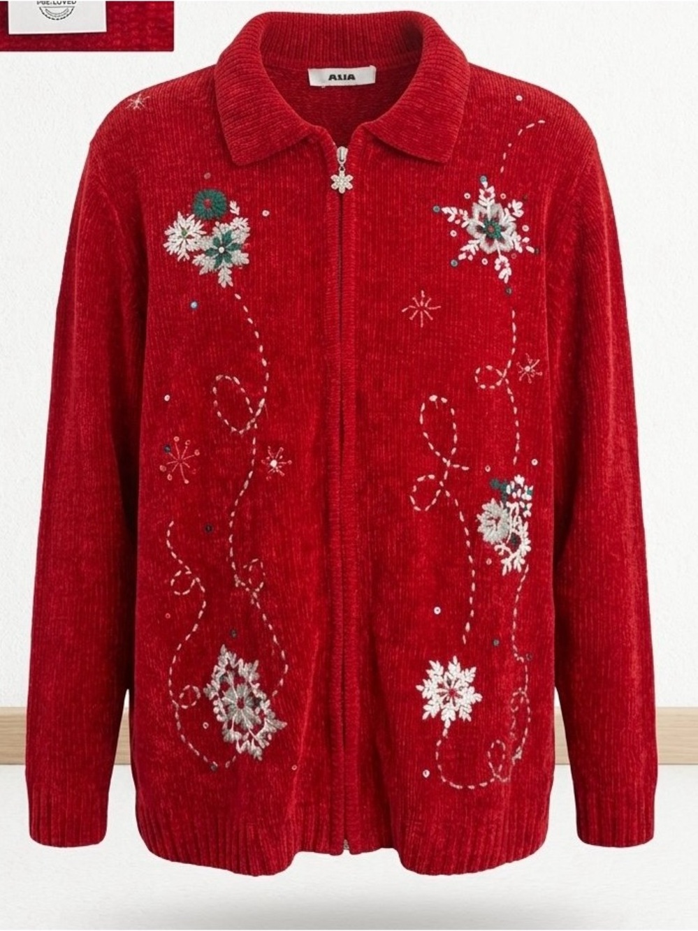 Vintage Alia Red Embroidered Snowflake Zip Up Cardigan Sweater XL